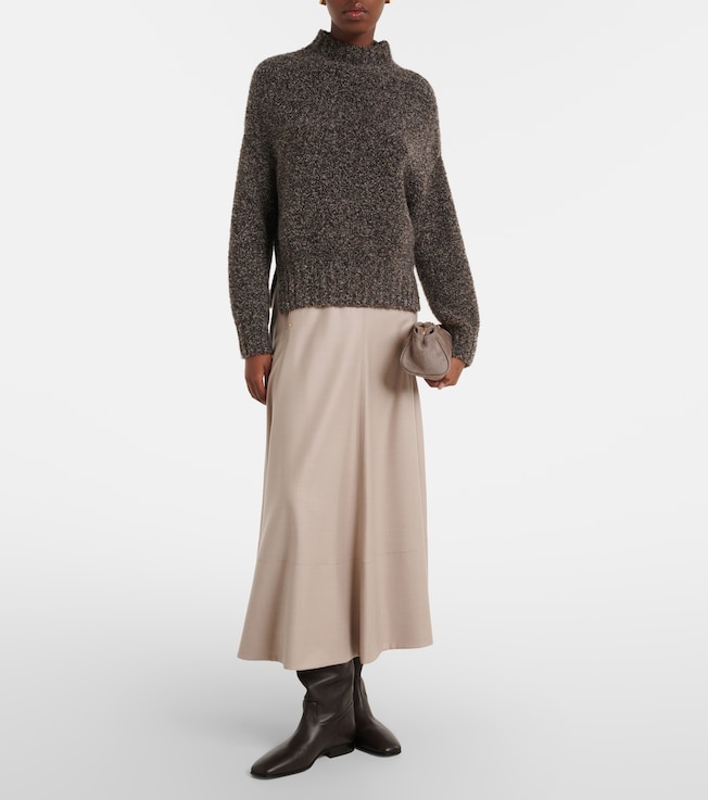 AGNONA Leather-trimmed wool flannel midi skirt 