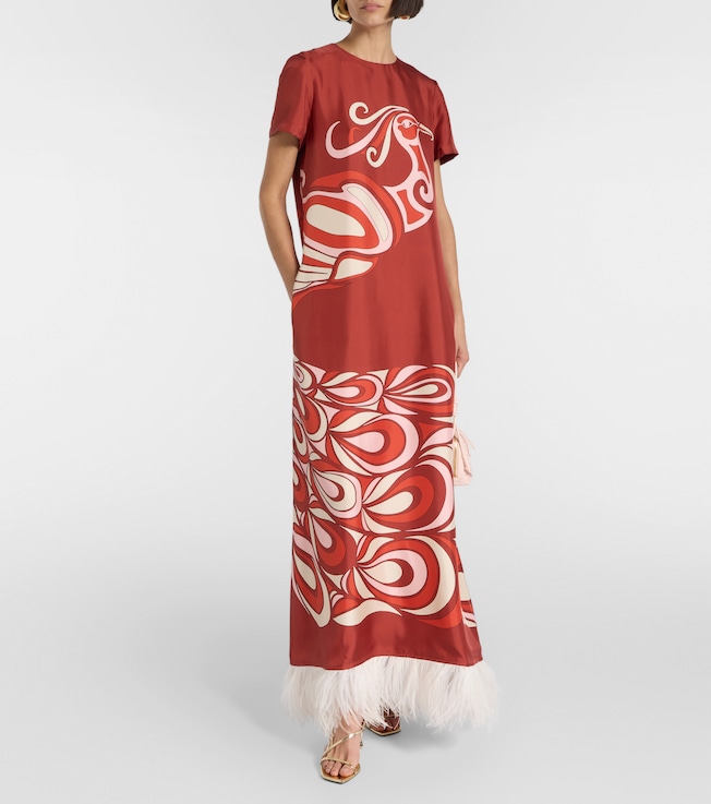 La DoubleJ Swing feather-trimmed silk maxi dress