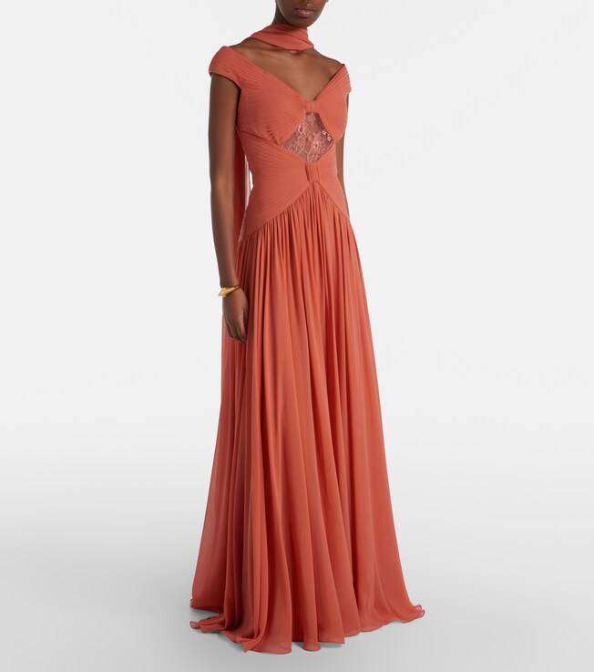 Elie Saab Gathered lace-trimmed silk gown