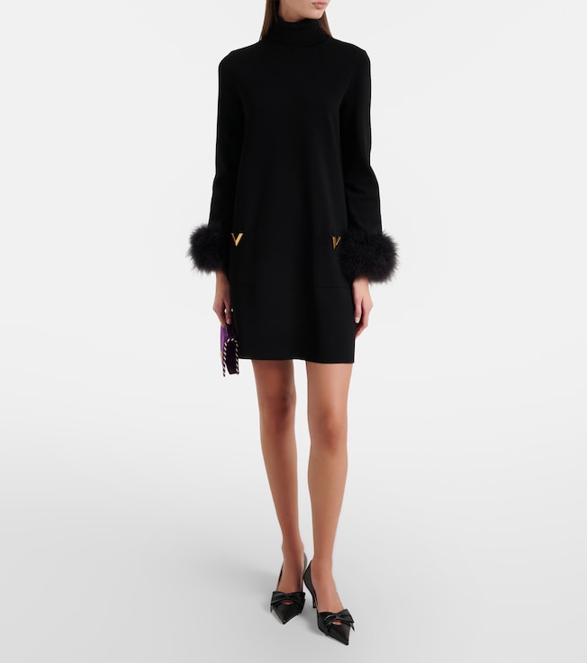 Valentino VLogo feather-trimmed turtleneck minidress