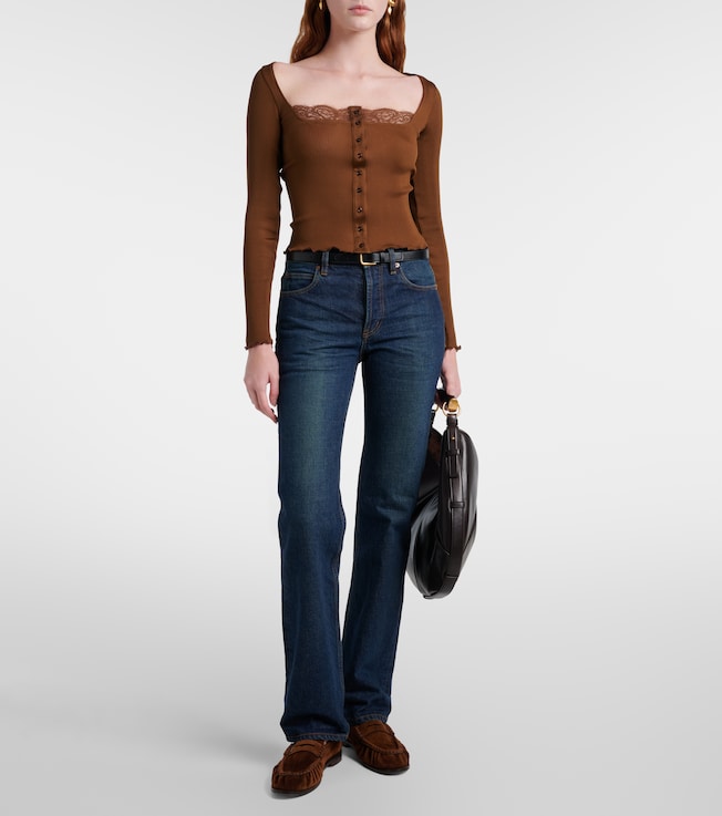 Saint Laurent Lace-trimmed ribbed-knit silk jersey top