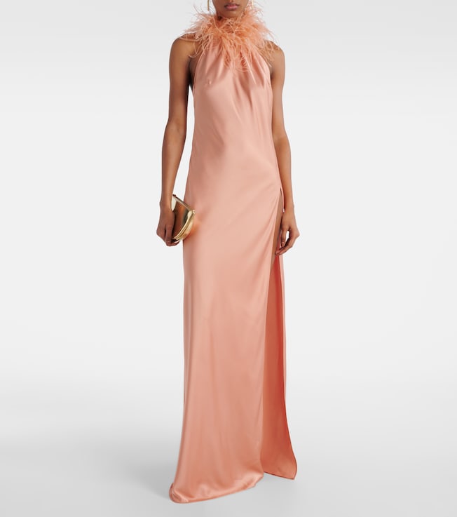 The New Arrivals Ilkyaz Ozel Jazzy feather-trimmed satin gown
