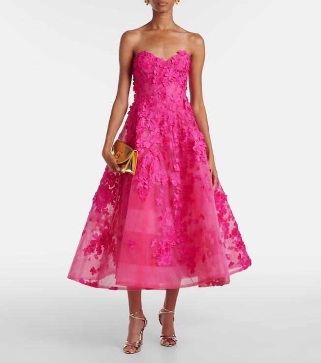 Monique Lhuillier Floral-appliqué tulle midi dress