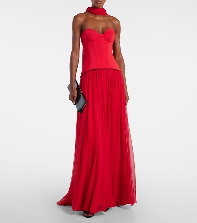 Monique Lhuillier Vermilion crêpe and chiffon corset gown