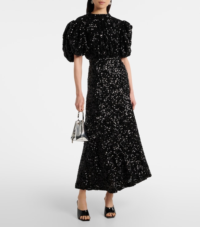 Rotate Sequined puff-sleeve midi dress