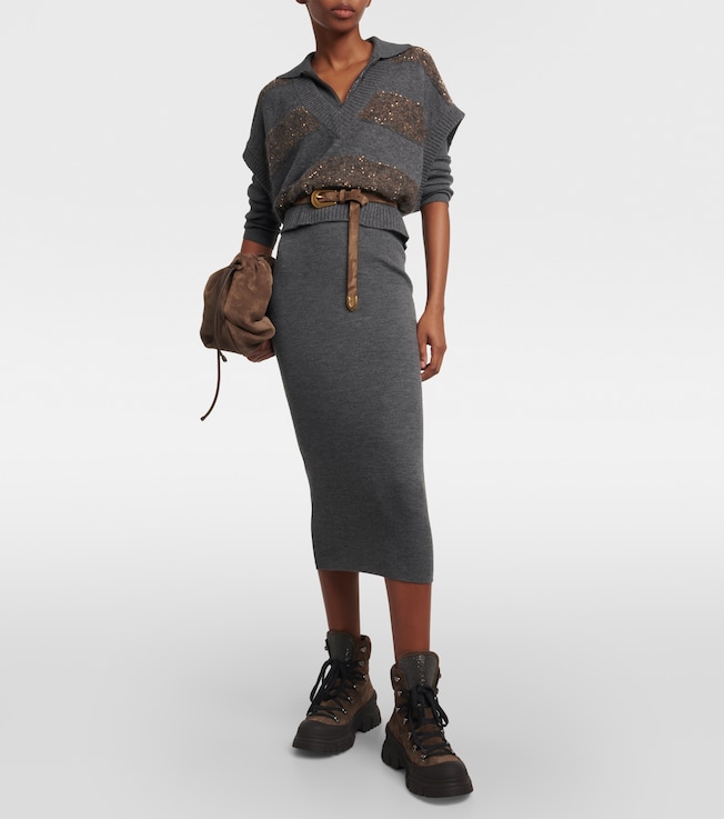 Brunello Cucinelli Ribbed-knit virgin wool and cashmere midi dress