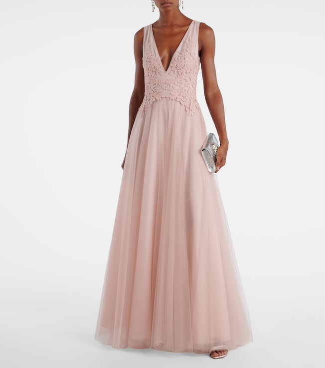 Costarellos Floral-appliqué tulle gown