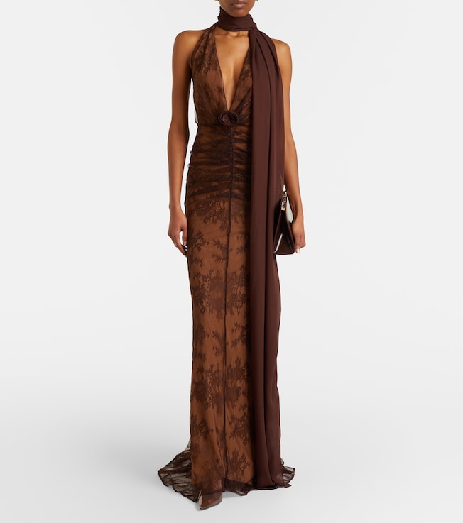DE LA VALI Amora scarf-detail ruched lace maxi dress