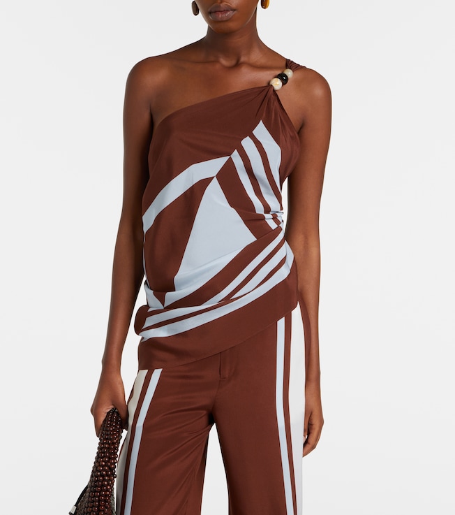 SIR. Beaded one-shoulder printed silk top