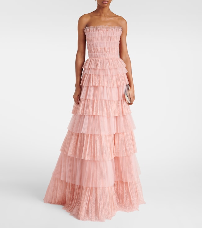 Costarellos Trissa plissé tiered tulle and lace gown