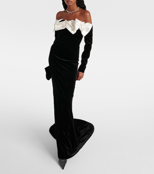 Alessandra Rich Bow-detail off-shoulder velvet gown