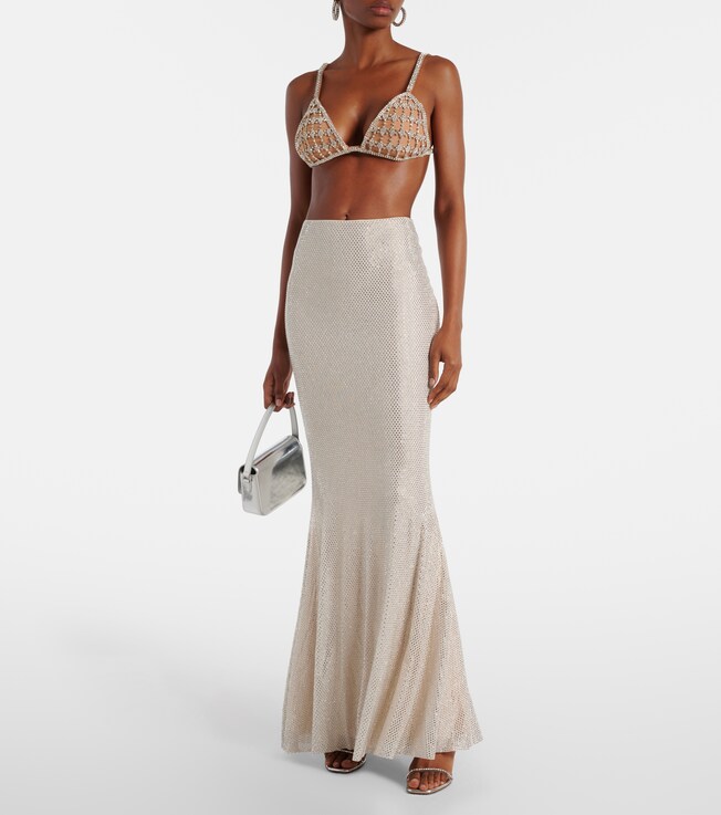 self-portrait Rhinestone-embellished mesh maxi skirt