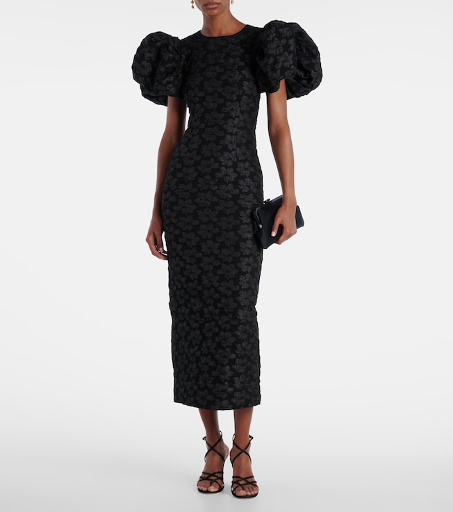 Rotate Floral jacquard puff-sleeve midi dress