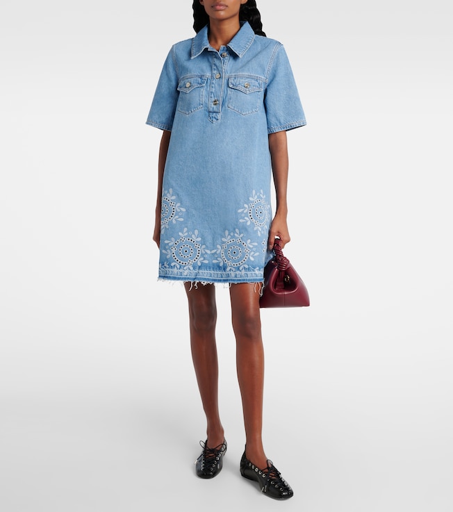 GANNI Broderie anglaise denim minidress