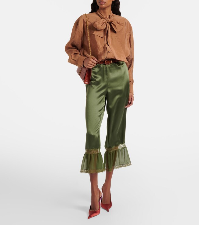 Saint Laurent Lace-trimmed silk satin straight pants