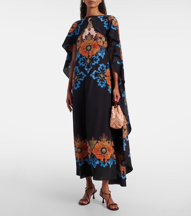 La DoubleJ Magic caped floral silk midi dress