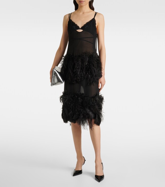 THE ATTICO Sheer feather-trimmed midi dress