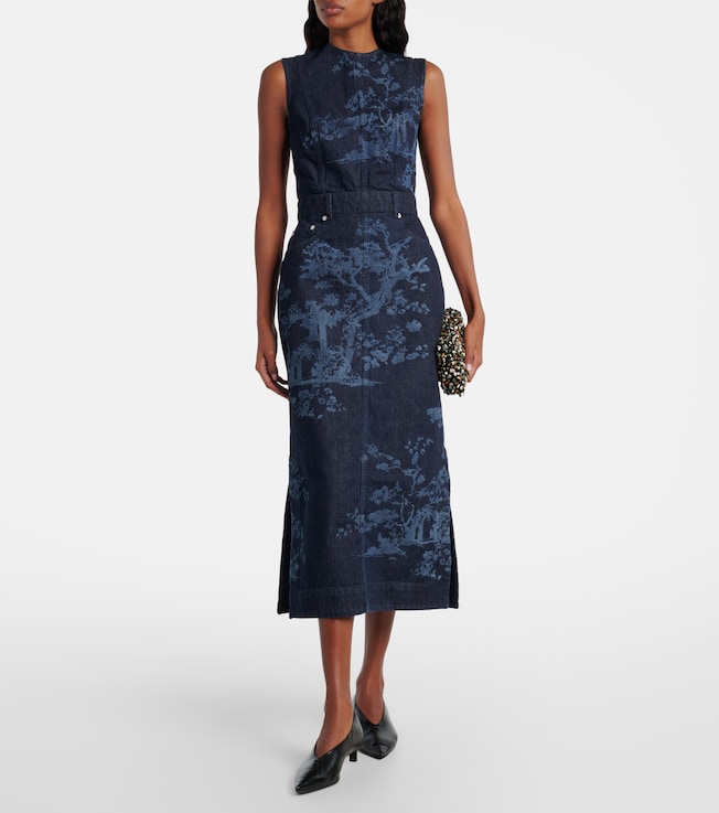 Erdem Printed cotton denim pencil dress