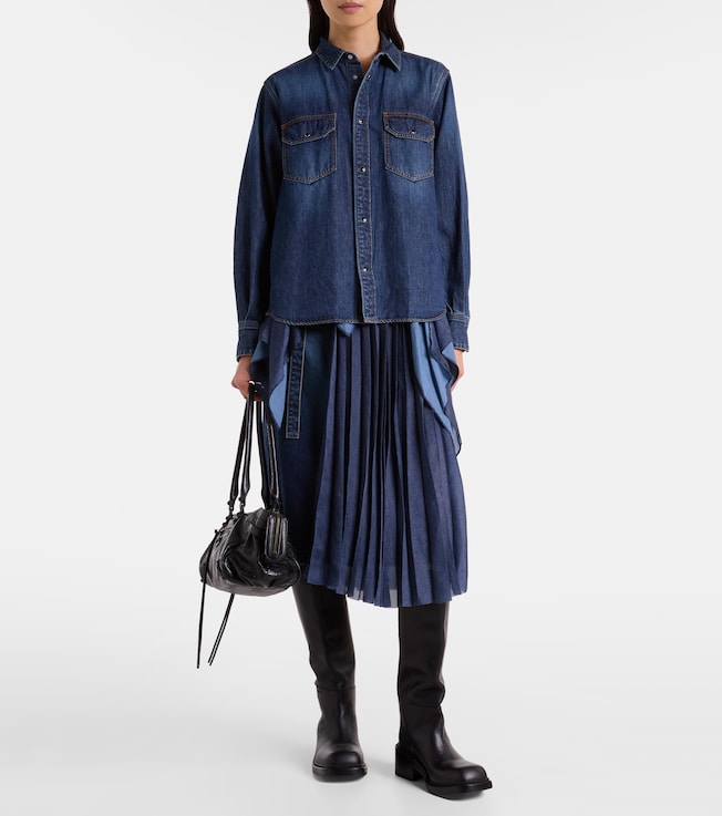 Sacai Pleated denim midi skirt
