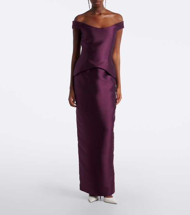 Solace London Pieta off-shoulder peplum satin gown