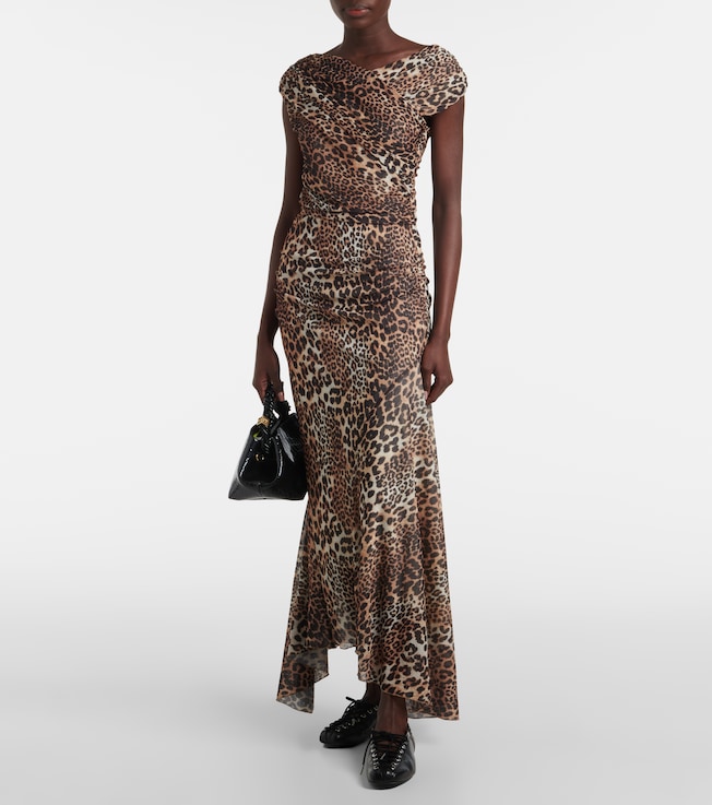 GANNI Ruched leopard-print mesh maxi dress