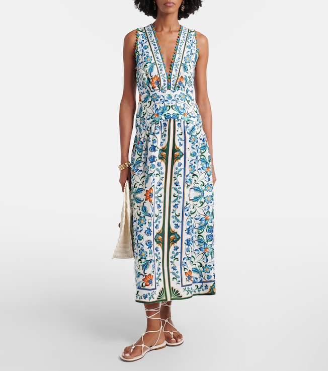 FARM Rio Flora Tile floral linen midi dress
