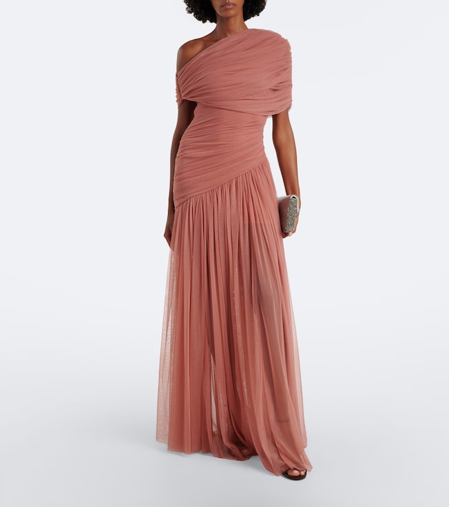 DE LA VALI Himalia asymmetric draped tulle maxi dress