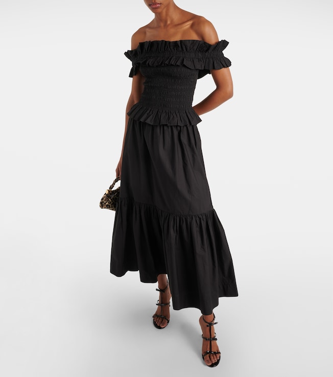 GANNI Smocked off-shoulder cotton poplin top