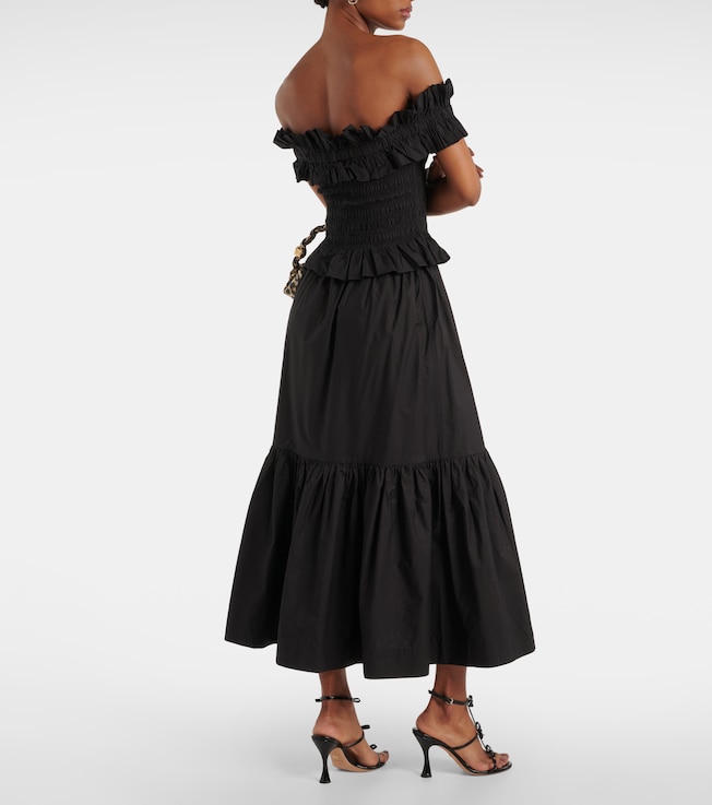 GANNI Ganni Smocked off-shoulder cotton poplin top
