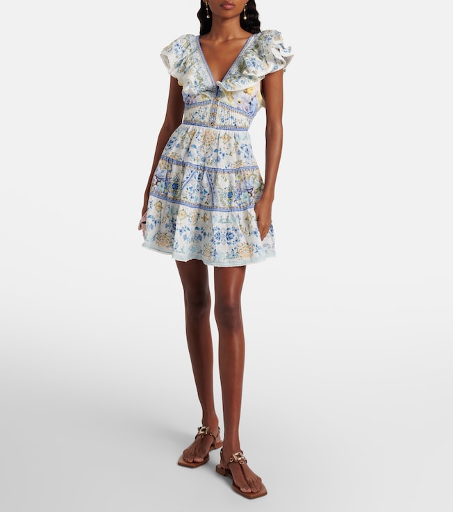Camilla Embellished floral linen minidress