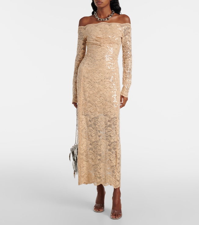 Rabanne Sequined off-shoulder lace maxi dress