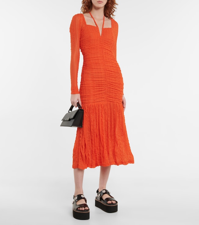 GANNI Textured ruched jersey midi dress