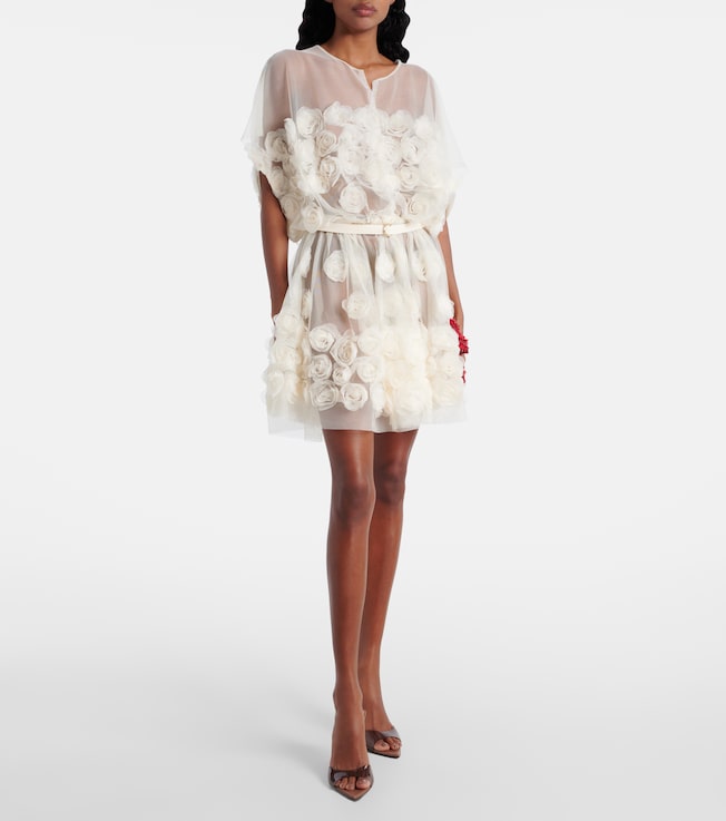 Norma Kamali Bridal floral-appliqué belted tulle minidress