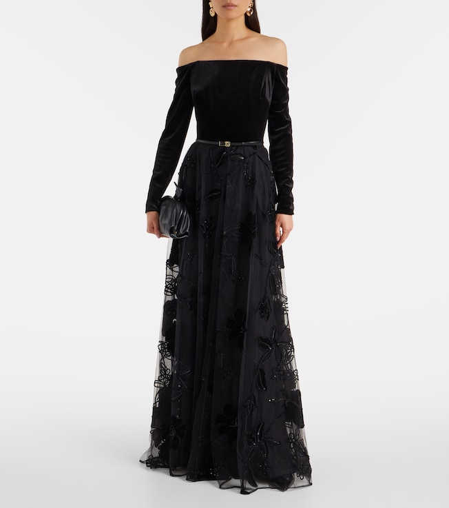 Elie Saab Embroidered tulle and velvet gown