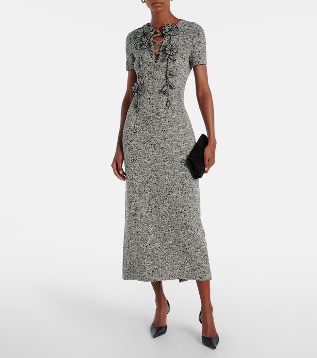 Oscar de la Renta Floral-appliqué cotton-blend tweed midi dress