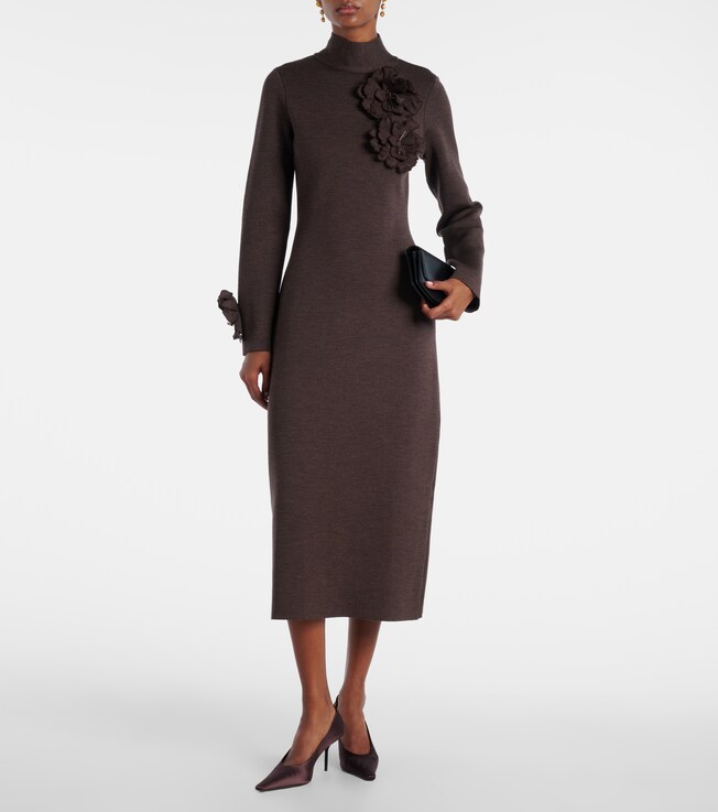 Oscar de la Renta Floral-appliqué wool-blend midi dress