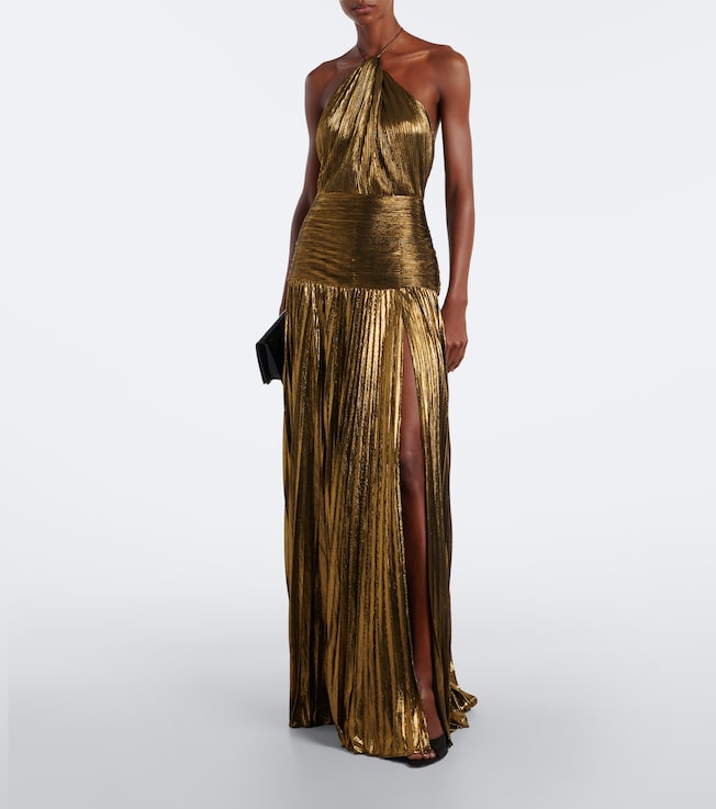 Retrofête Thalia plissé halterneck lamé gown