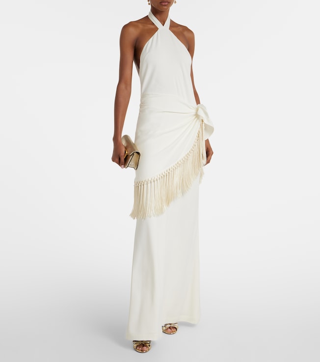 Taller Marmo Meteora fringed halterneck crêpe cady gown