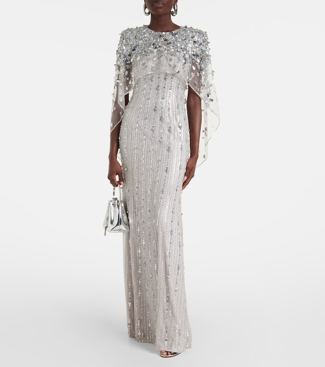 Jenny Packham Nettie caped sequined tulle gown