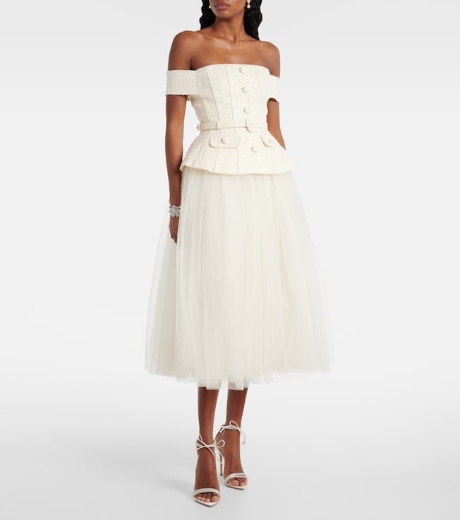 self-portrait Bridal sequined bow-detail peplum midi dress