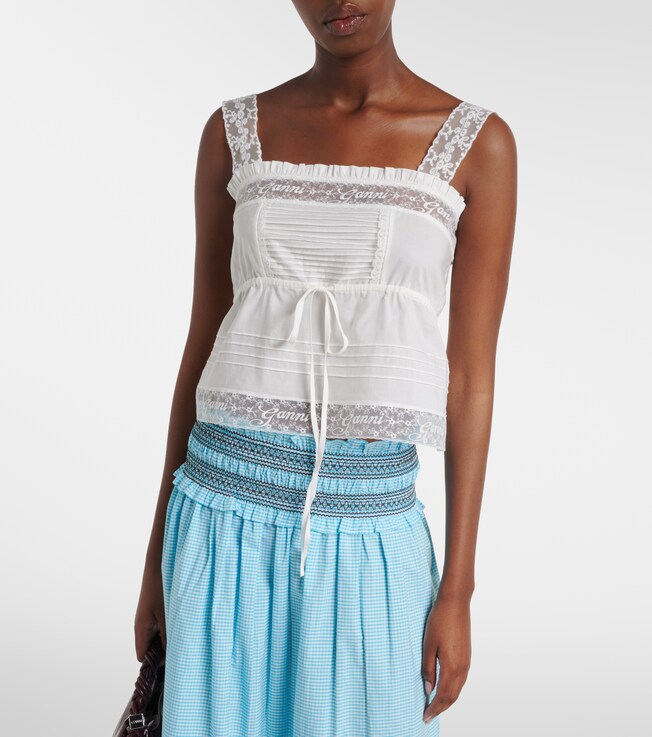 GANNI Lace-trimmed ruffled cotton crop top
