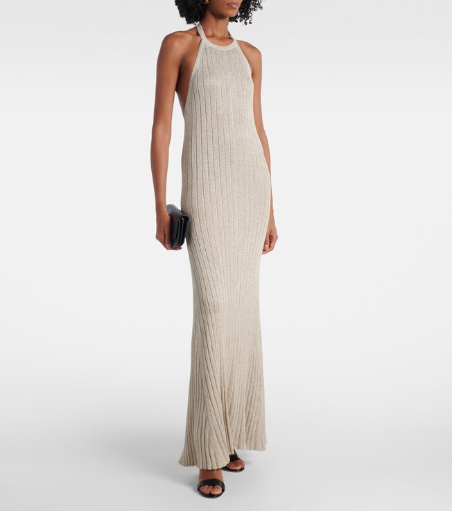 Tom Ford Ribbed-knit halterneck lamé maxi dress