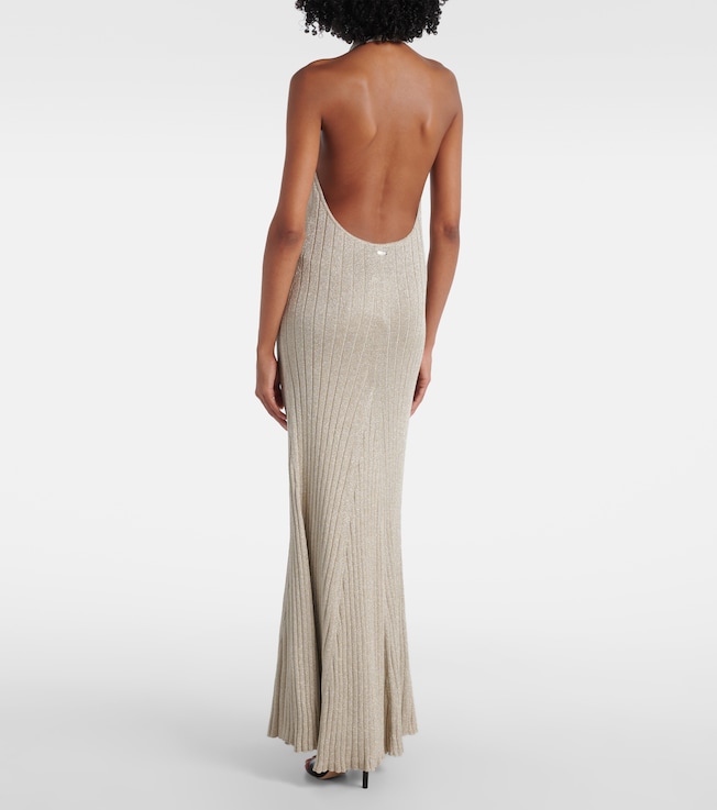 Tom Ford Tom Ford Ribbed-knit halterneck lamé maxi dress