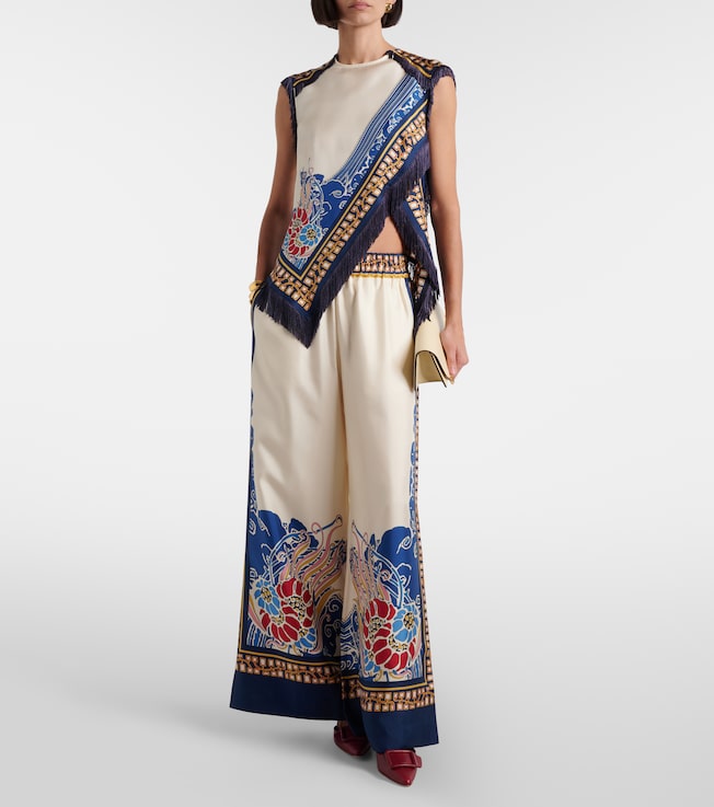 La DoubleJ Fringed printed silk satin top