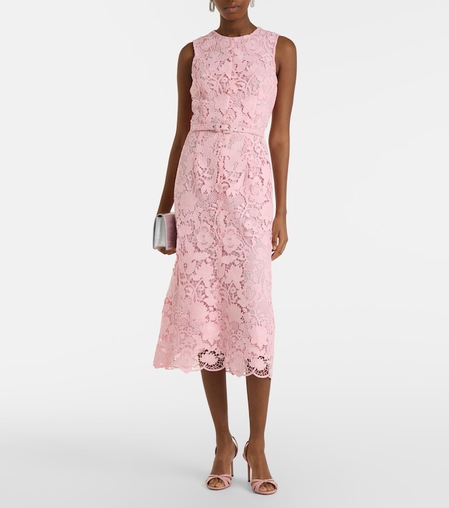 Monique Lhuillier Floral belted lace midi dress