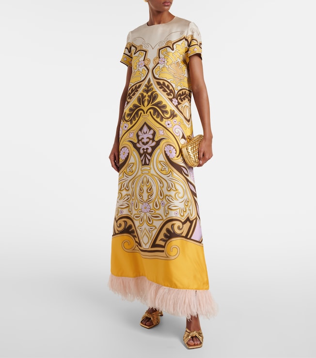 La DoubleJ Printed feather-trimmed silk maxi dress