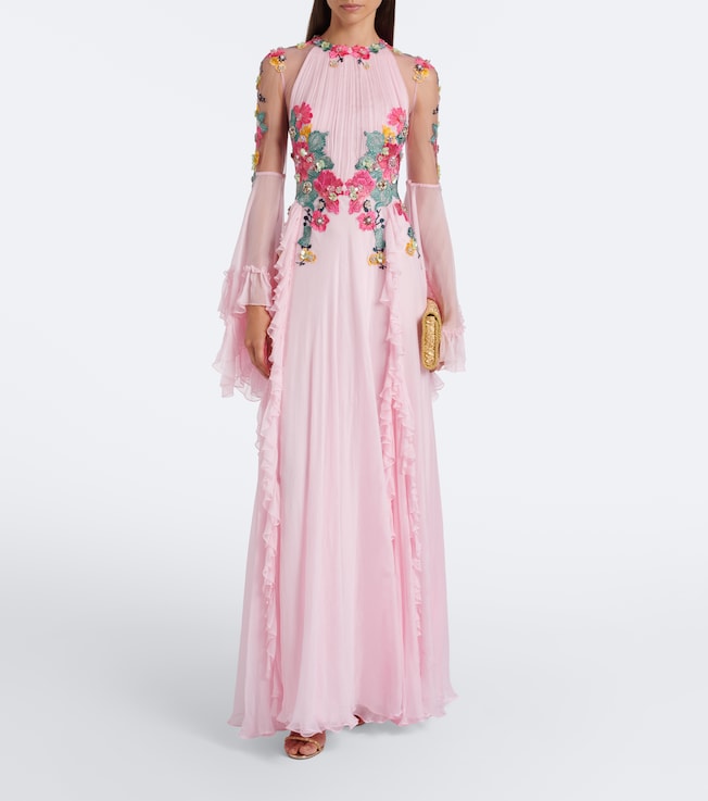 Costarellos Embellished floral-appliqué silk gown