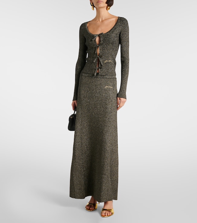 GANNI Ribbed-knit lamé maxi skirt