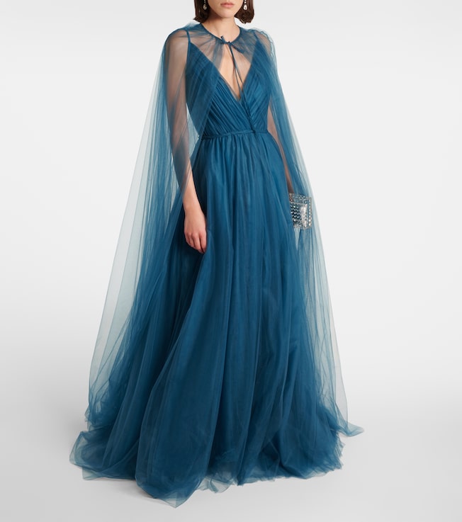 Costarellos Cassandra caped tulle gown