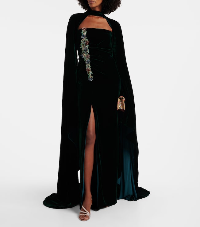 Costarellos Brisha caped embellished velvet gown